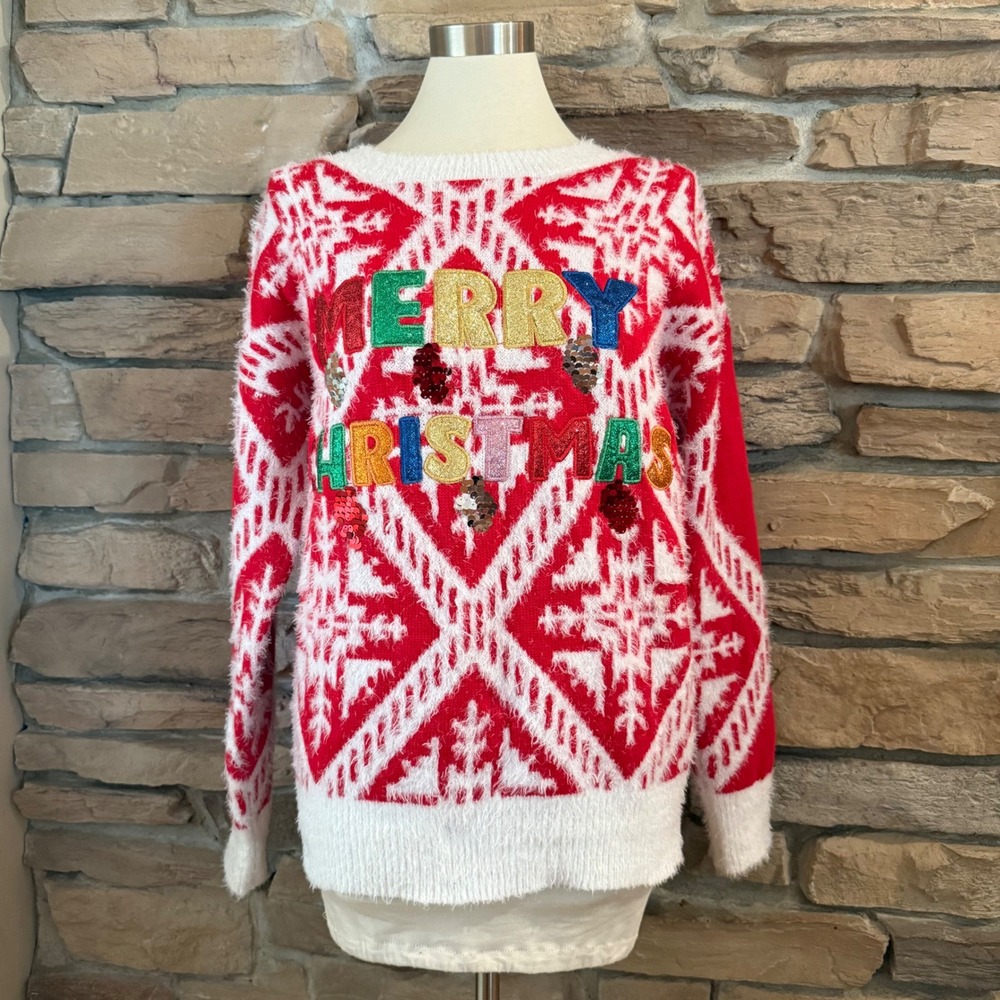 Holiday Time Christmas Sweater Women's S/CH Small Fair Isle Red White Sequin